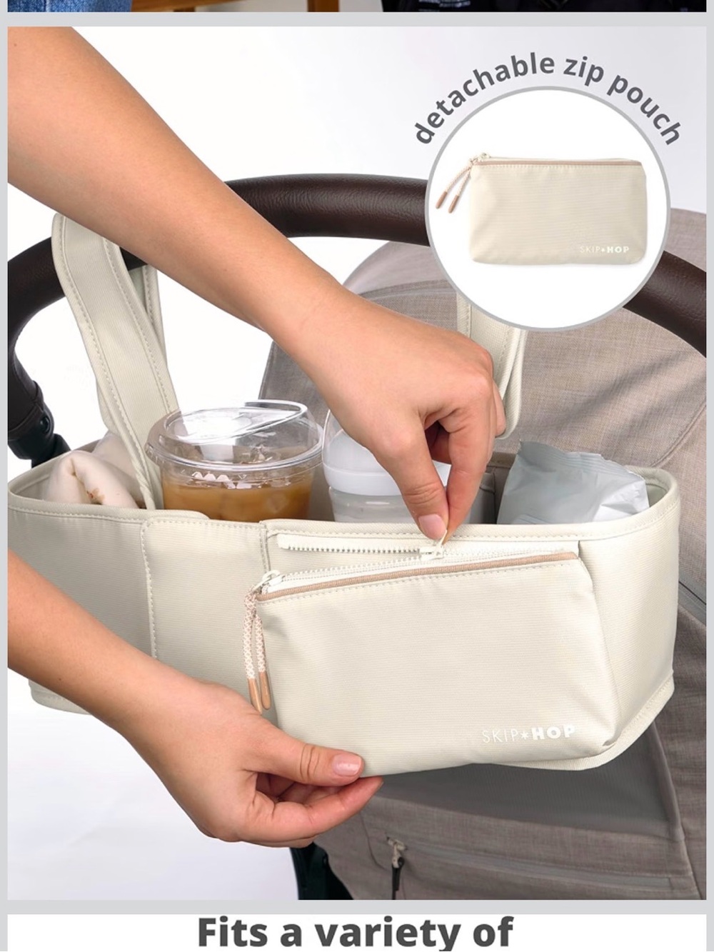 Skip Hop Cream Stroller Organizer with Detachable Zip Pouch